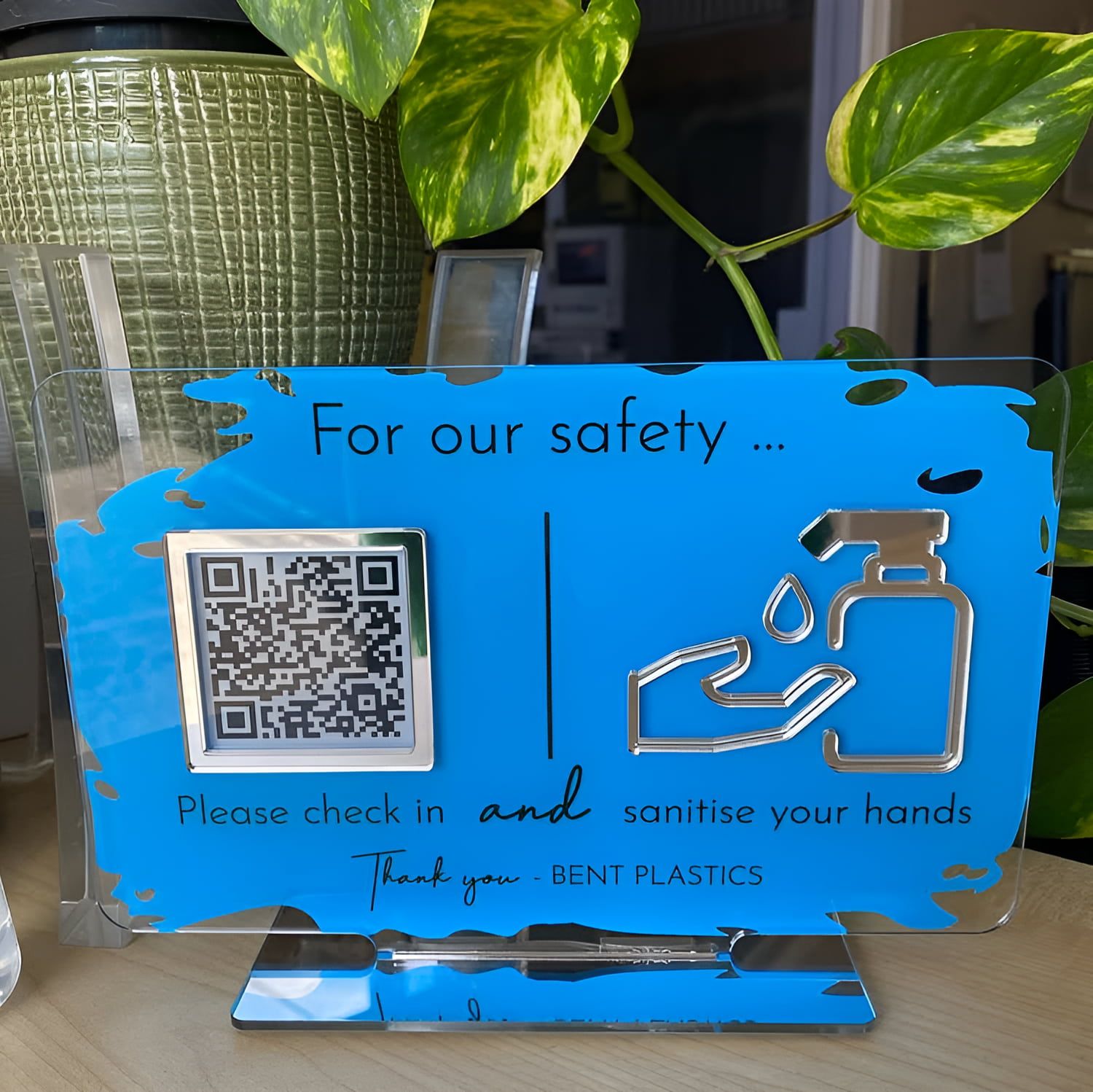 A Sign That Says for Our Safety Please Check in and Sanitise Your Hands — Bent Plastics in Kunda Park, QLD