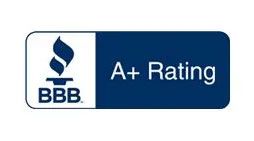 a blue and white bbb a+ rating logo on a white background .