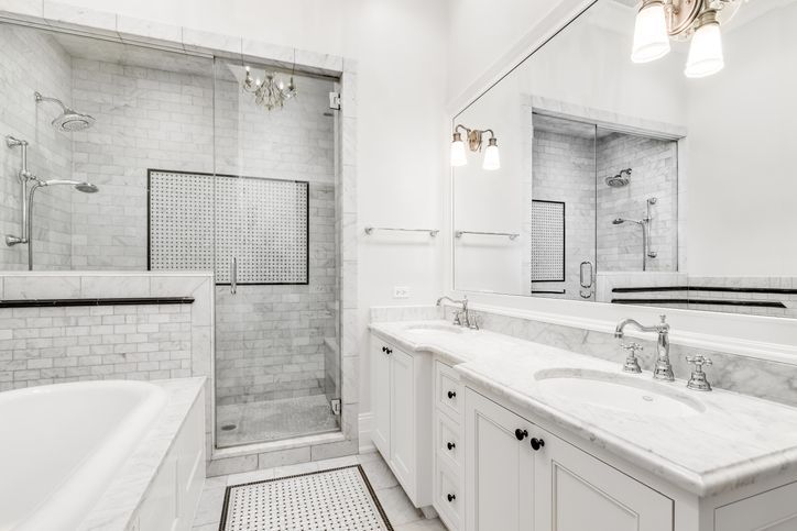 A luxury bathroom with marble tiles