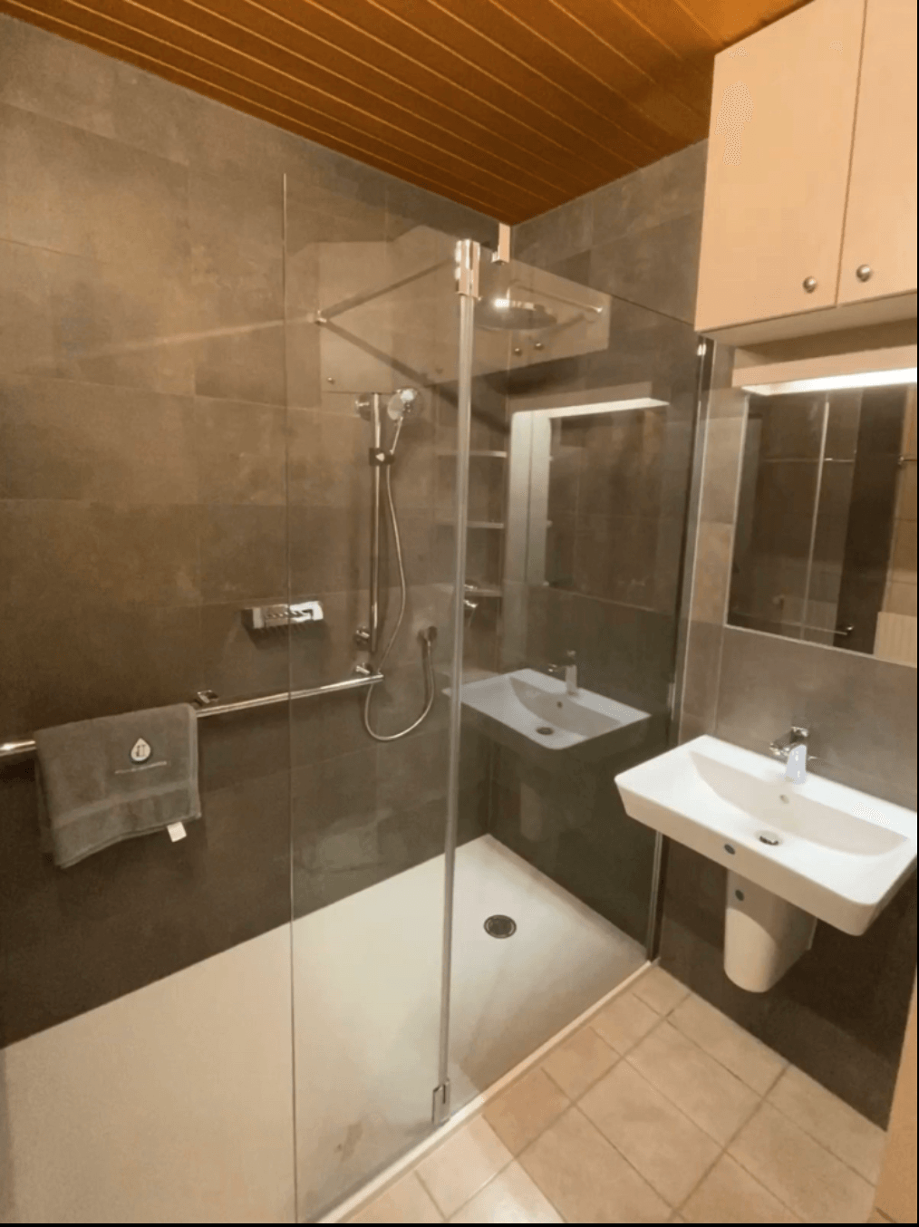 Ein Badezimmer mit Waschbecken und ebenerdiger Dusche