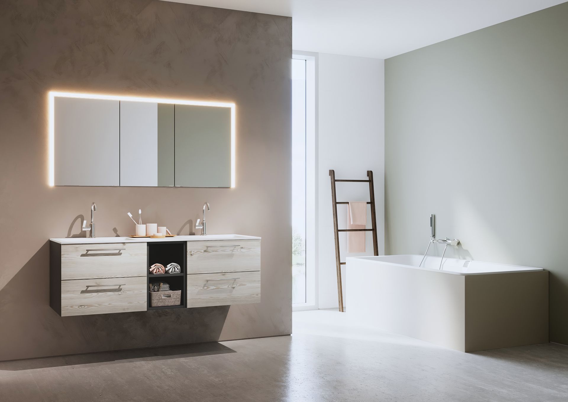 Ein Badezimmer mit zwei Waschbecken und einer Badewanne