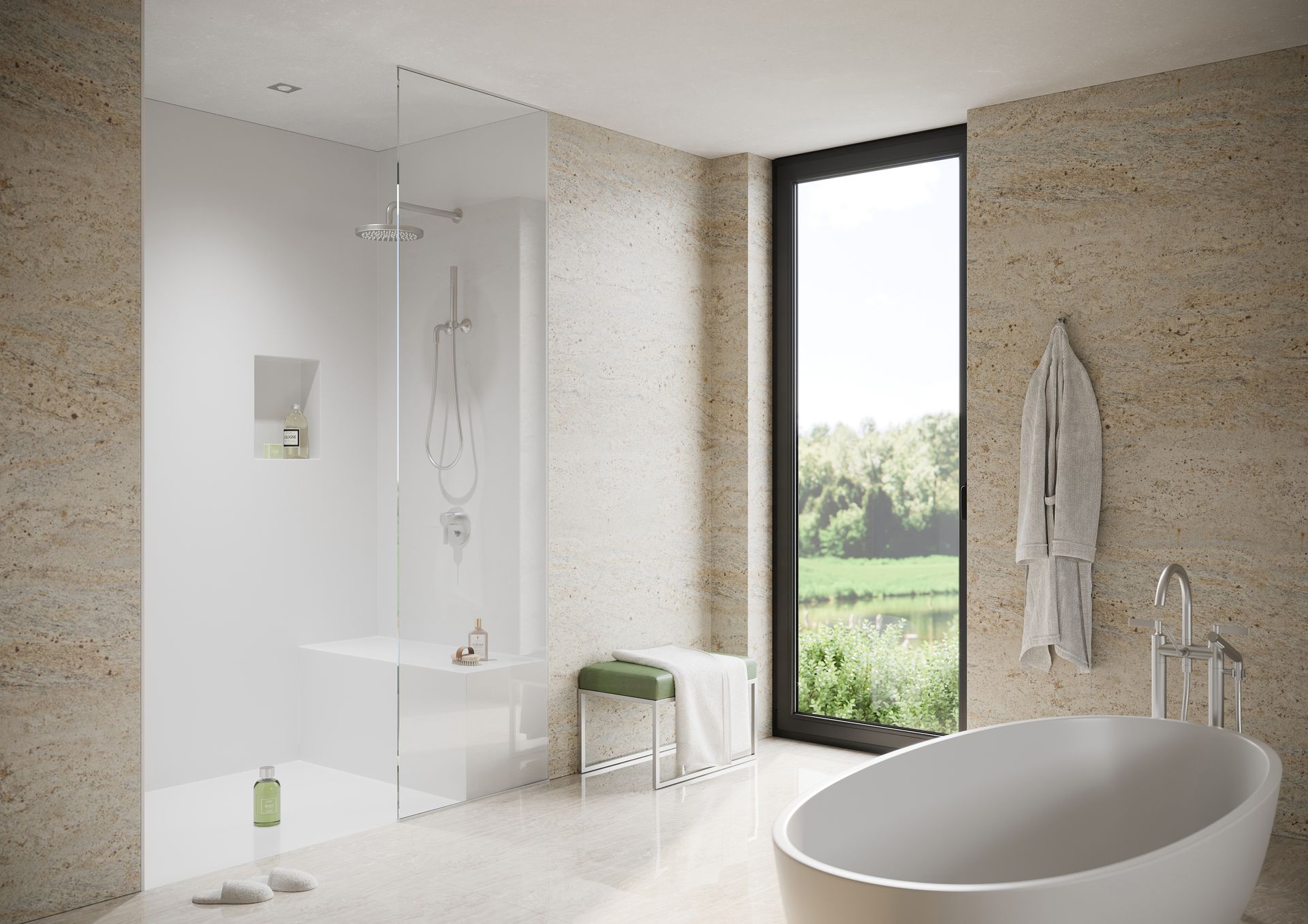 Ein Badezimmer mit Badewanne, Dusche und Fenster.