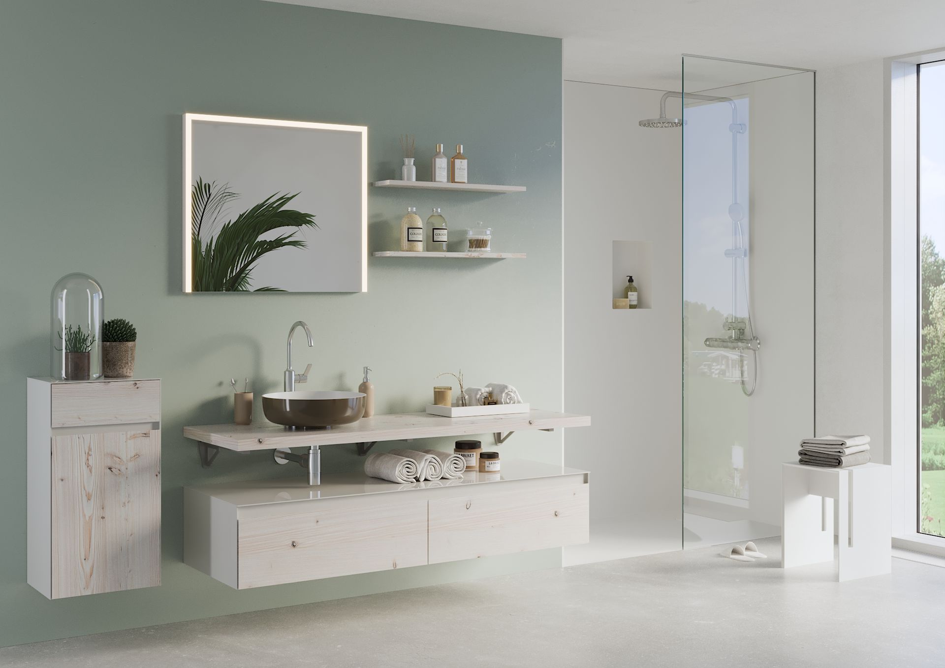 Ein Badezimmer mit Waschbecken, Spiegel, Regalen und ebenerdiger Dusche.