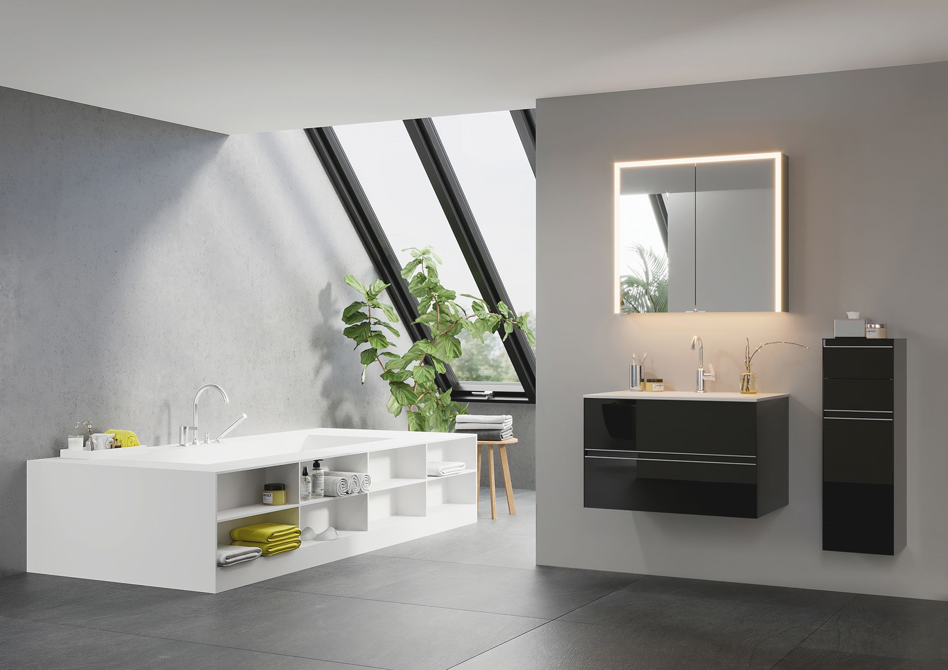 Ein Badezimmer mit Badewanne, Waschbecken, Spiegel und Fenster.