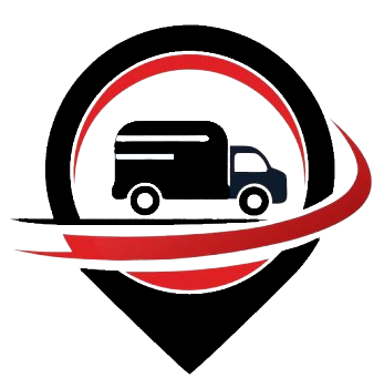 Camion nero per le consegne all'interno di un indicatore di posizione nero, con swoosh rosso.