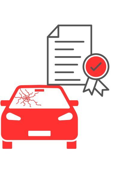 A red car with a broken windshield and a certificate.