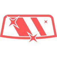 A red and white logo of a shiny new windshield.