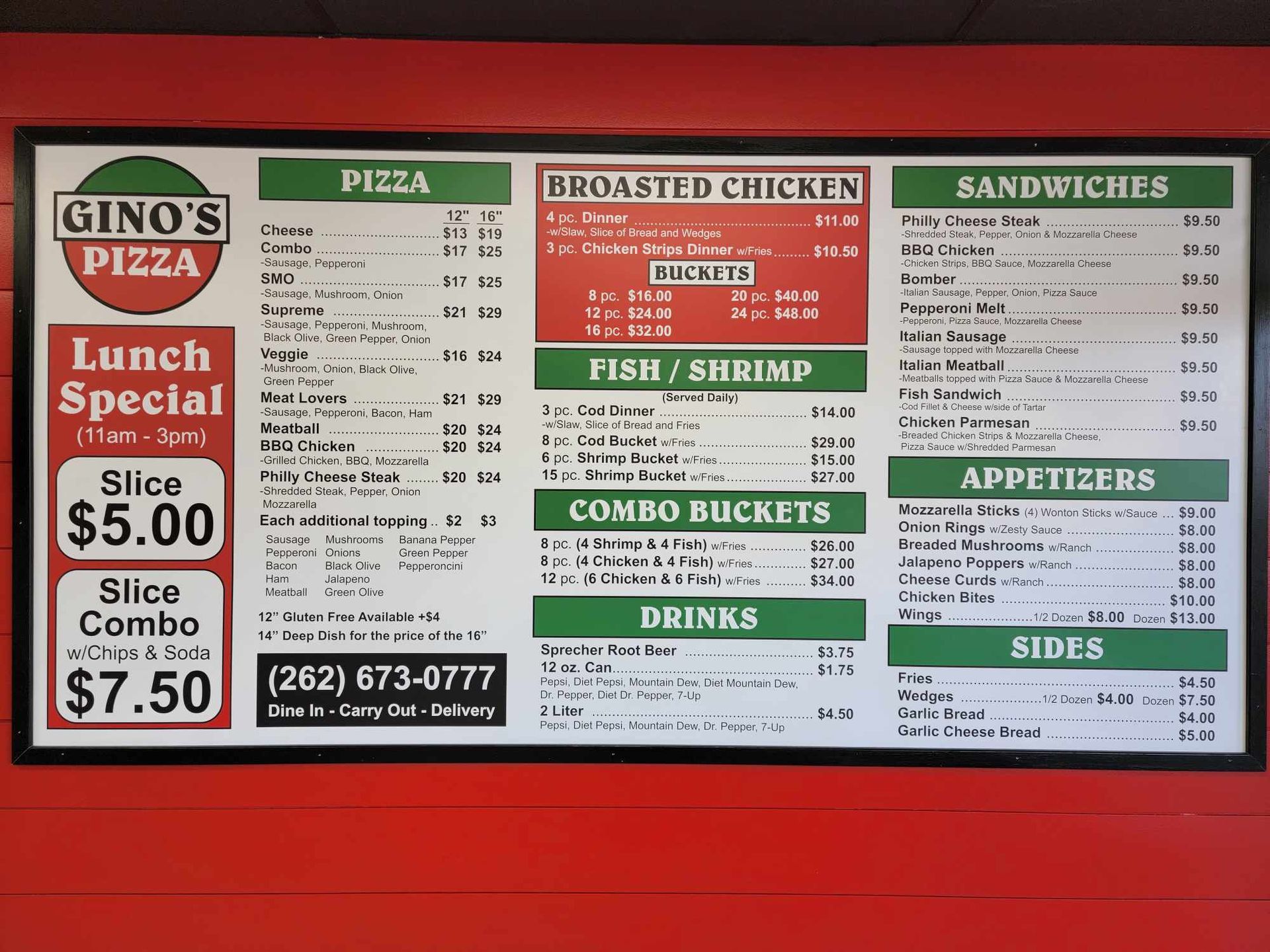 Gino's Pizza Hartford, WI Menu Broasted Chicken Fish Fry