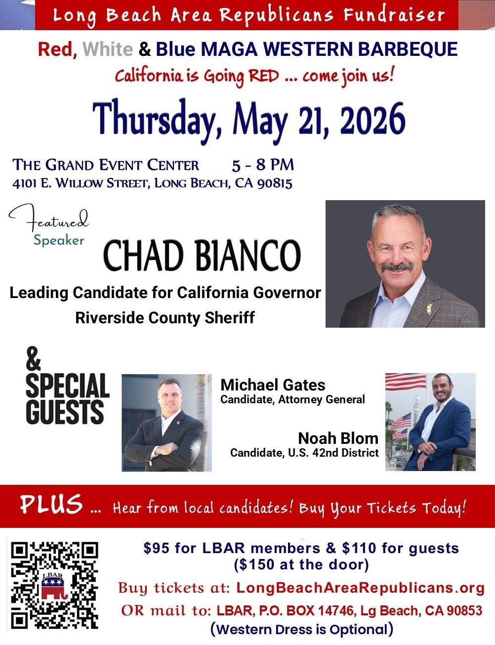 Political fundraiser flyer for Chad Bianco at Long Beach Area Republican event, Thursday, May 21, 2026, with guest speakers.
