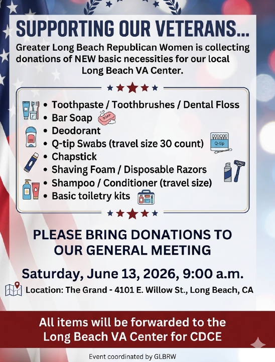 donate to support our Veterans Veterans donation flyer for toiletries and snacks at Beach VA Center, June 13, 2026, 9 a.m.