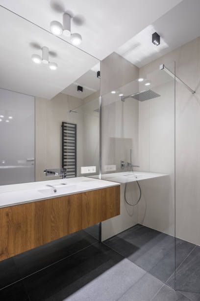 Modern bathroom with wood vanity, large mirror, and glass shower enclosure.