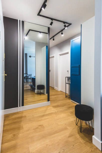 Hallway with wood floors, full-length mirror, black accents, and blue door. Black stool. Track lighting.