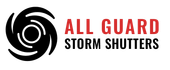 Logo for All Guard Storm Shutters featuring a black hurricane icon next to the red text "ALL GUARD" and black "STORM SHUTTERS".