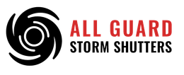 Logo for All Guard Storm Shutters featuring a black hurricane icon next to the red text "ALL GUARD" and black "STORM SHUTTERS".