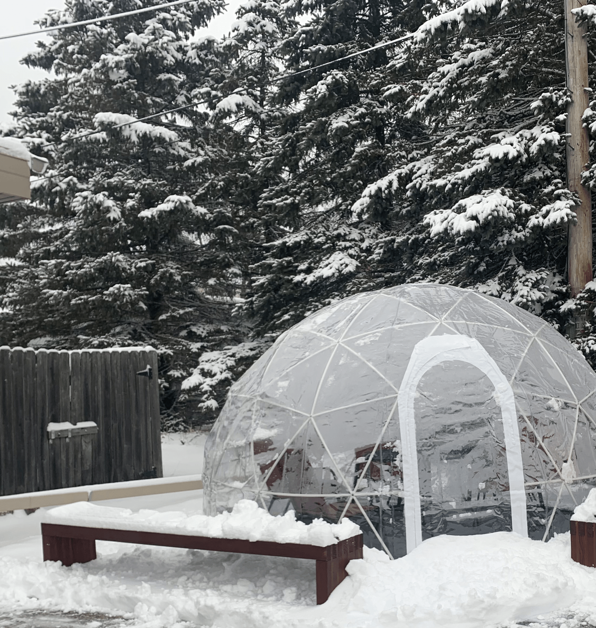 A clear dome is sitting in the snow next to a bench