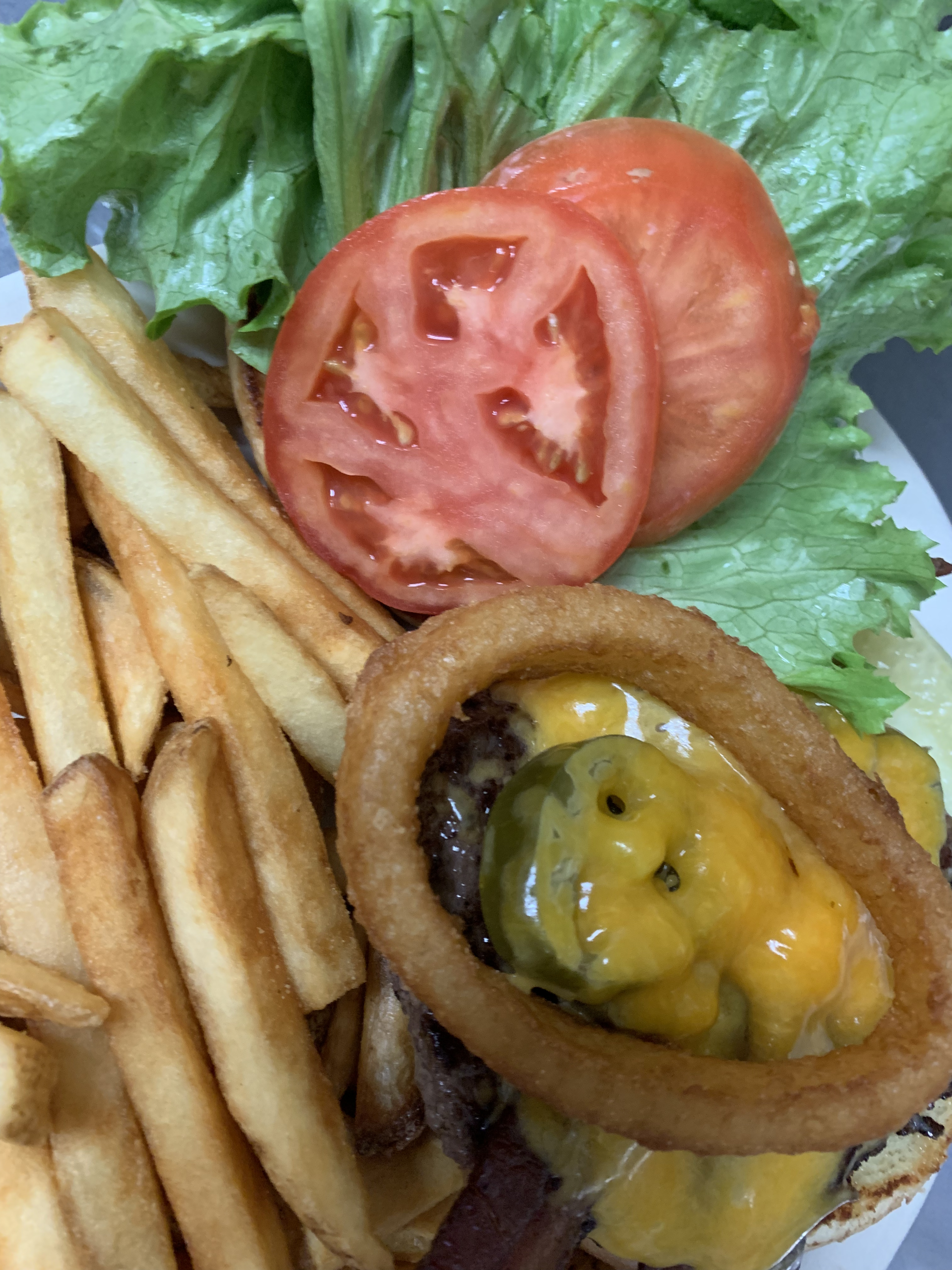 A close up of a hamburger and french fries on a plate.