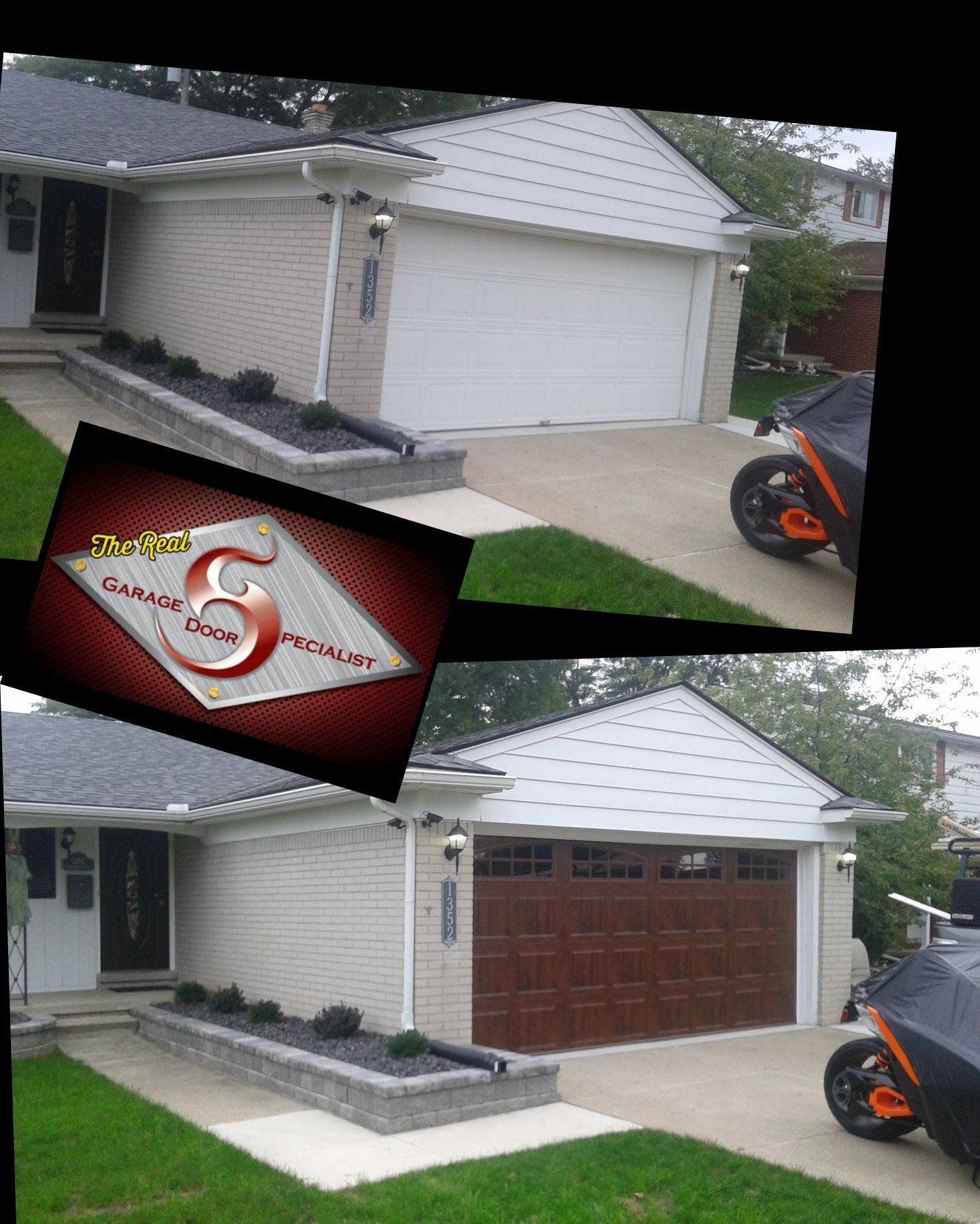 A motorcycle is parked in front of a house with the number 6 on it