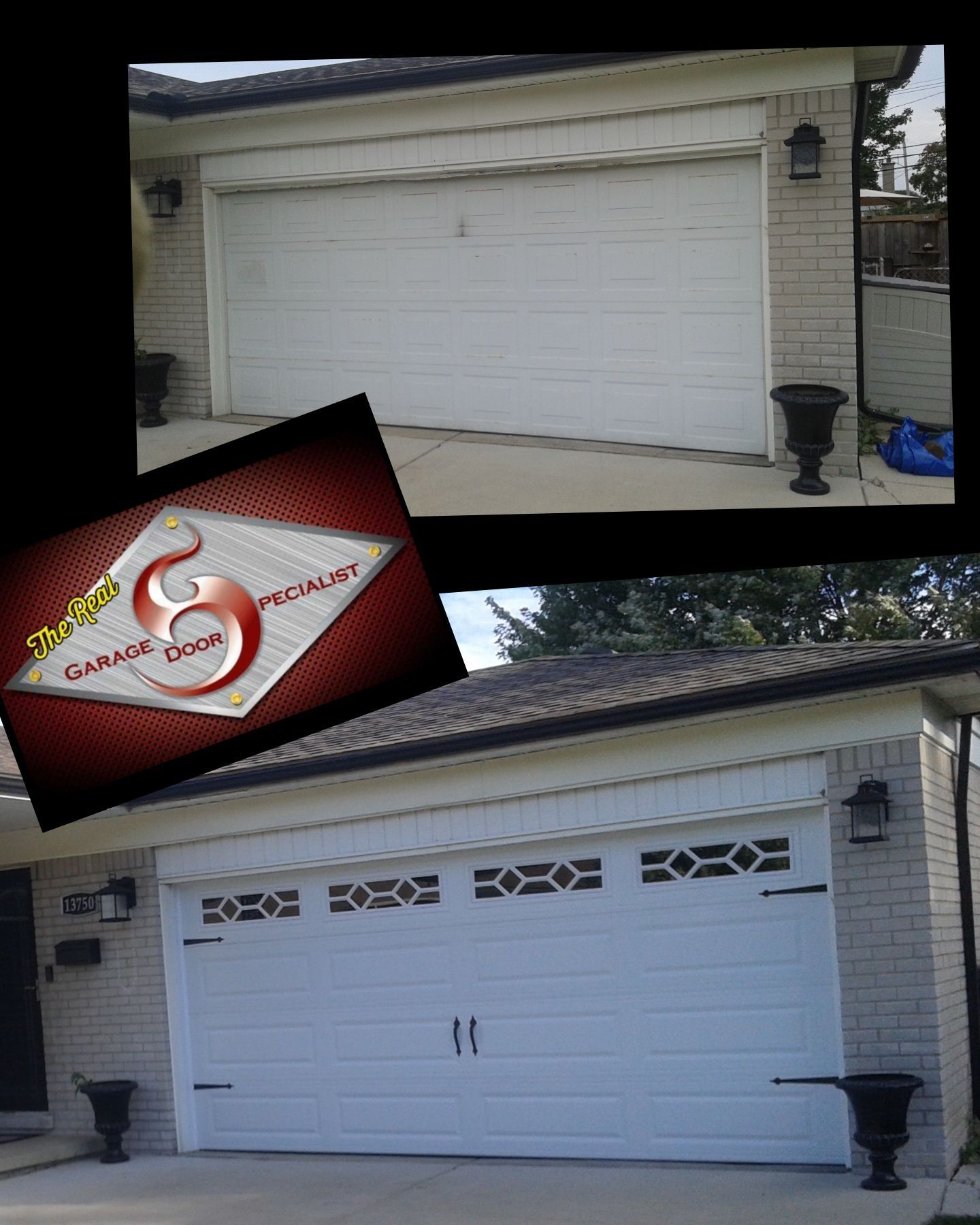 A picture of a garage door before and after being painted