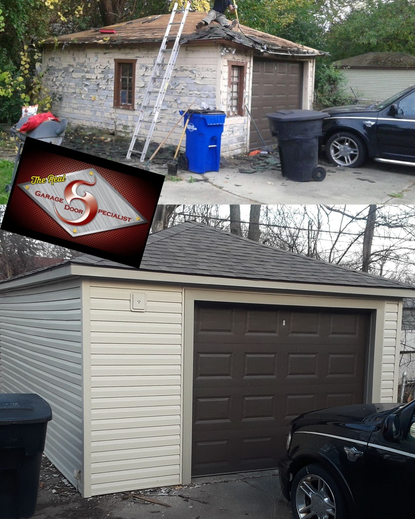 A picture of a garage with a car parked in front of it.