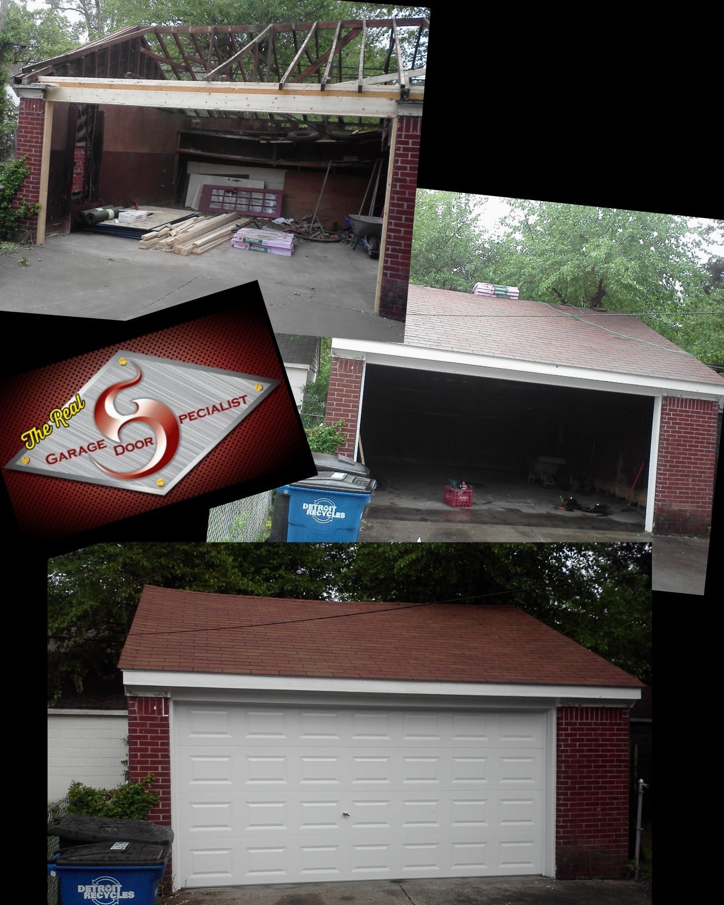 A collage of pictures of a garage with the letter s on it
