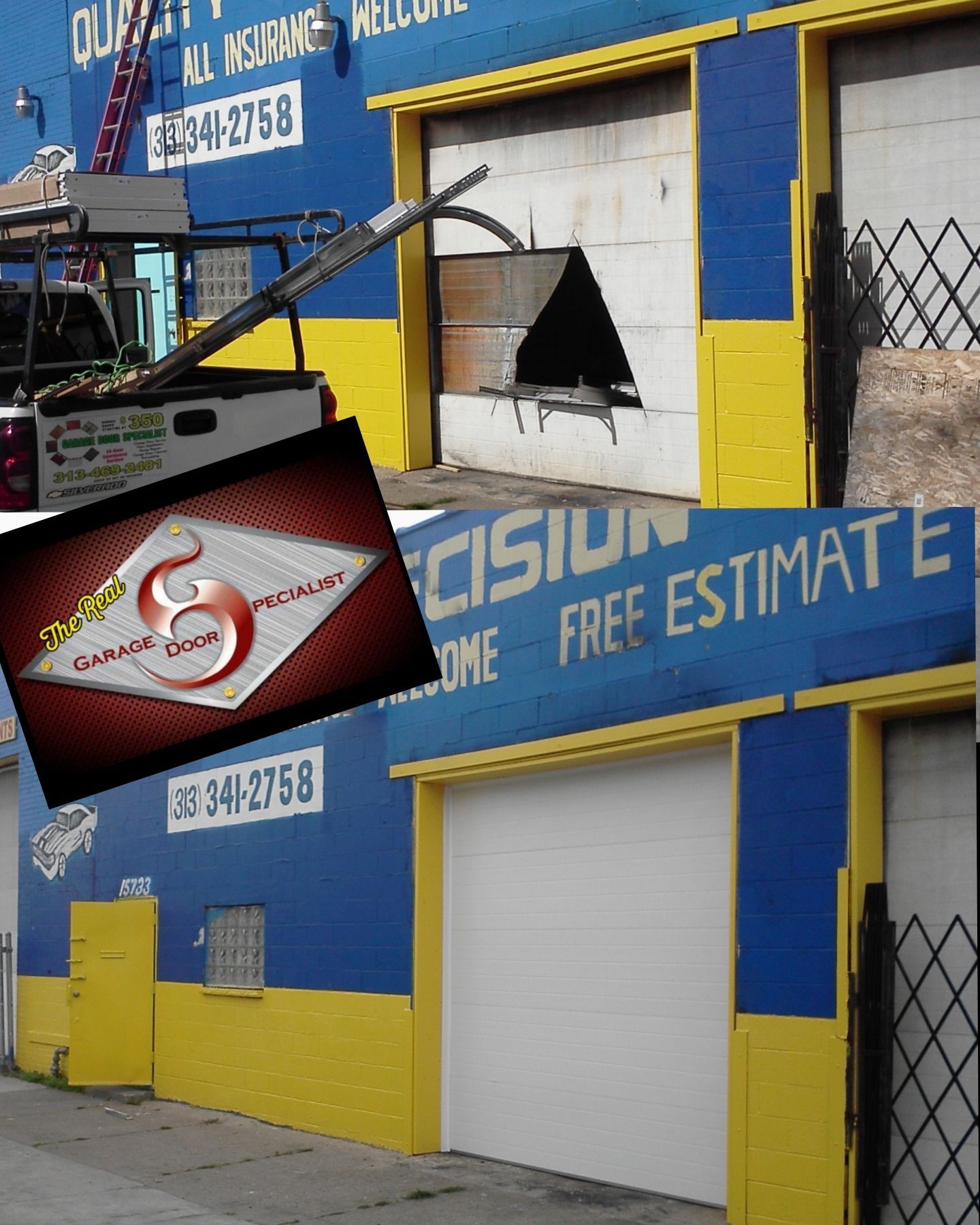 A blue and yellow building with a sign that says free estimate