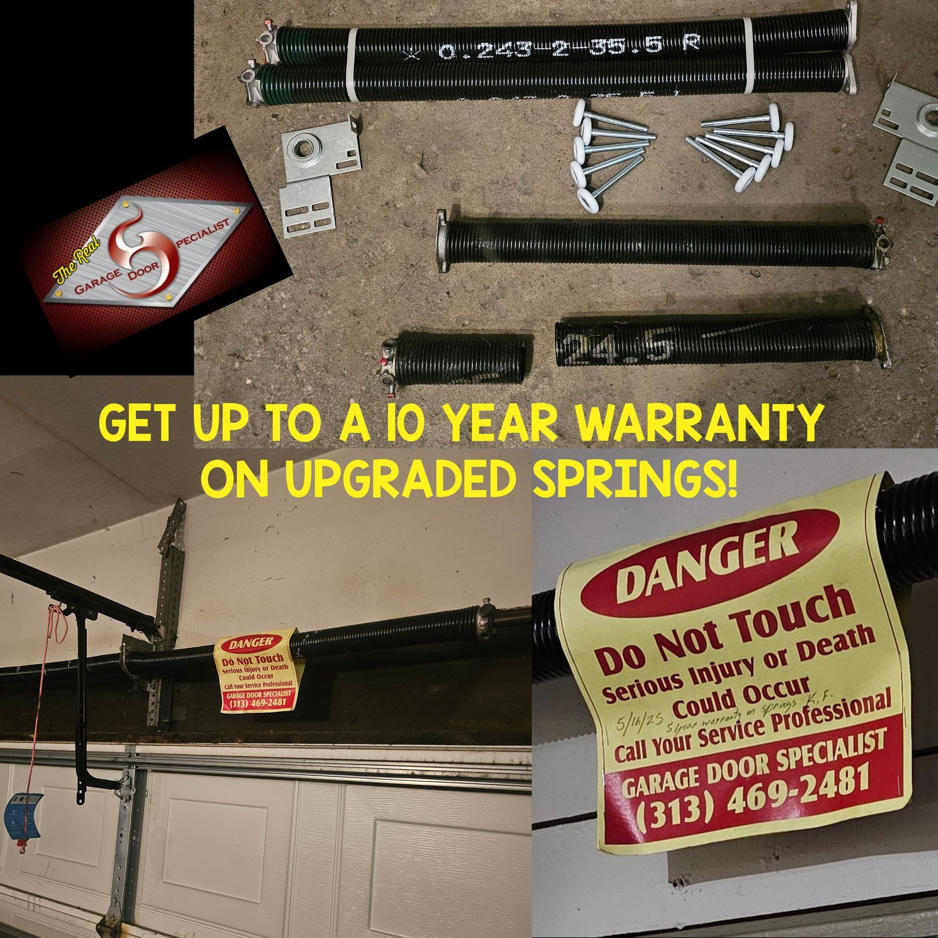 A picture of a garage door with the words get up to a 10 year warranty on upgraded springs