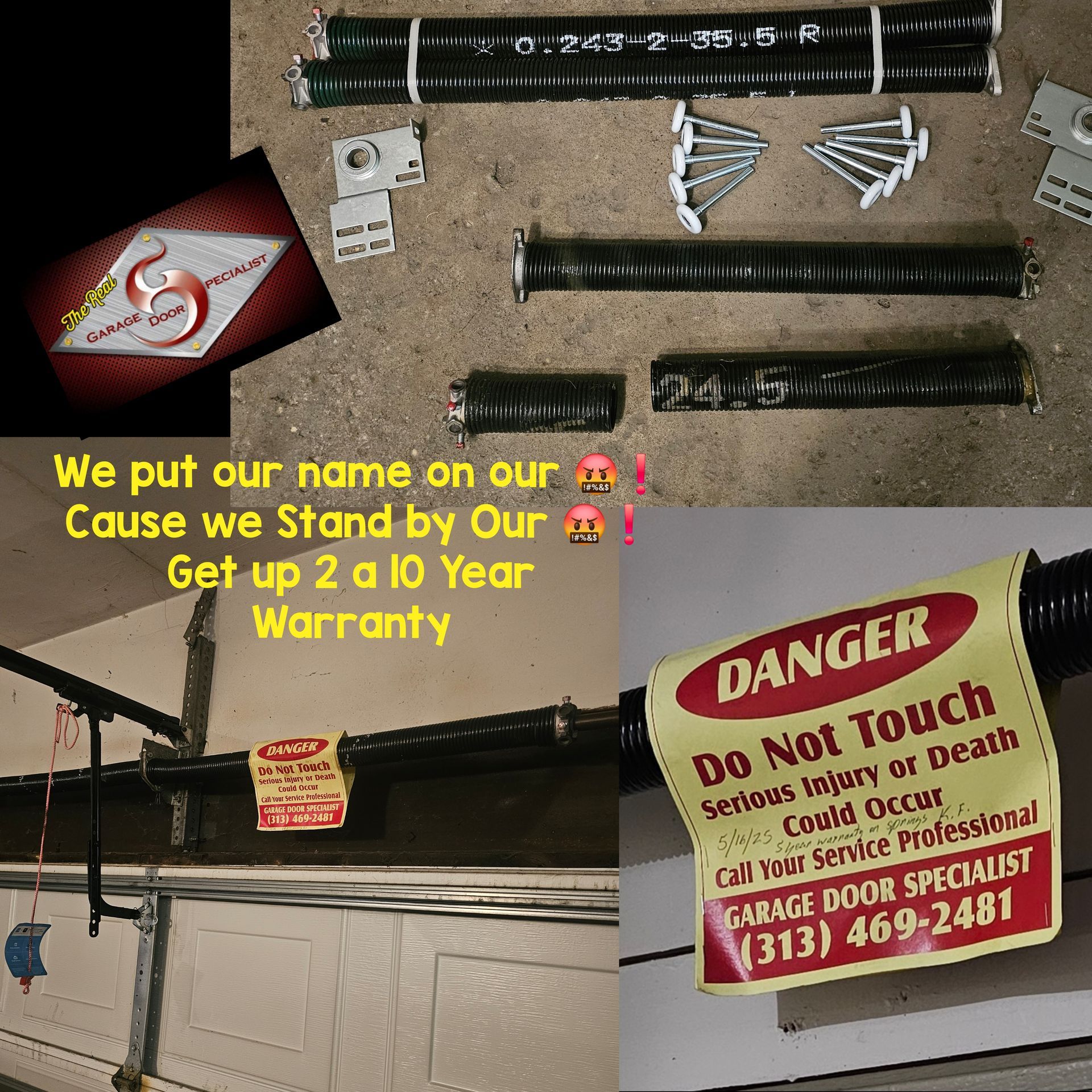 A garage door spring with a danger sign on it