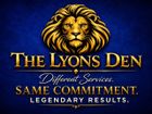 The Lyons Den logo with a gold lion head on dark blue, and the tagline “Different Services. Same Commitment. Legendary Results.”