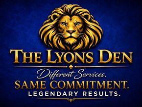 The Lyons Den logo with a gold lion head on dark blue, and the tagline “Different Services. Same Commitment. Legendary Results.”