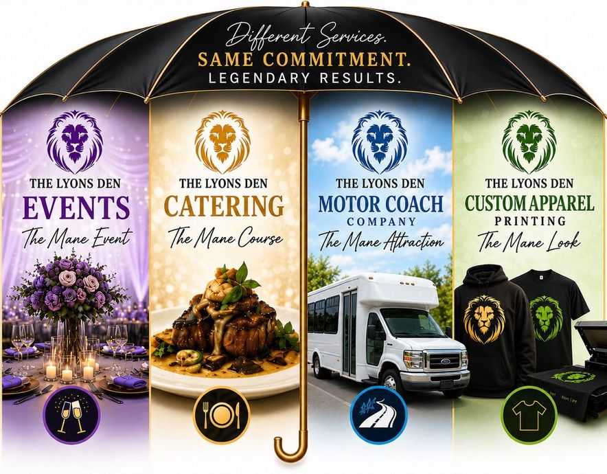 Promotional collage for The Lyons Den services: events, catering, motor coach, and custom apparel