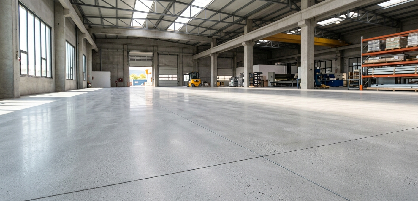 Un magazzino industriale luminoso e spazioso, con pavimento in cemento liscio e lucidato e ampie finestre.
