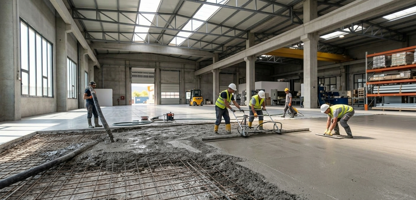 Operai con giubbotti ad alta visibilità livellano il calcestruzzo fresco sul pavimento di un grande magazzino industriale.