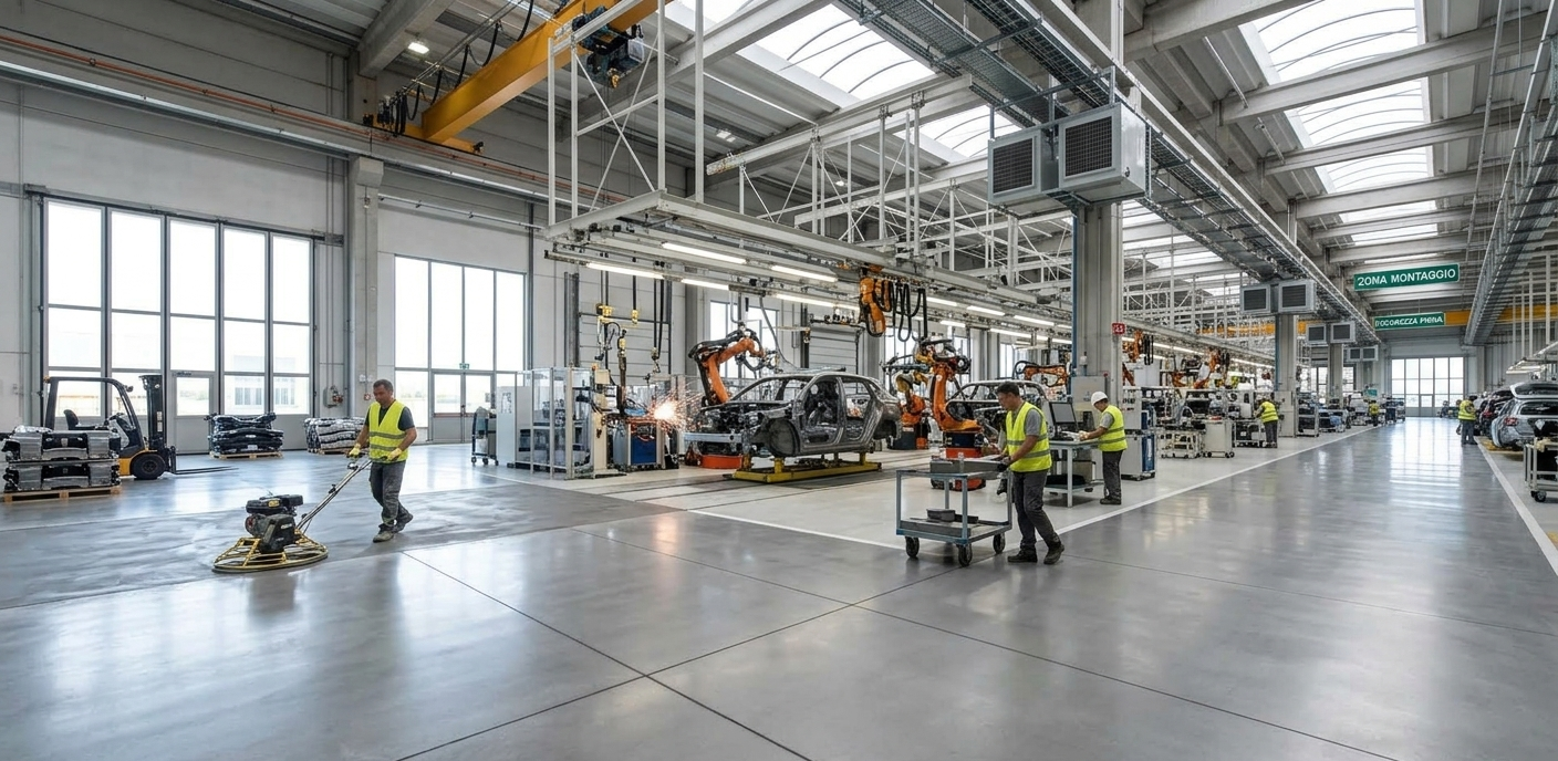 All'interno di una grande fabbrica, gli operai con i giubbotti gialli azionano macchinari e bracci robotici su una linea di assemblaggio automobilistica.