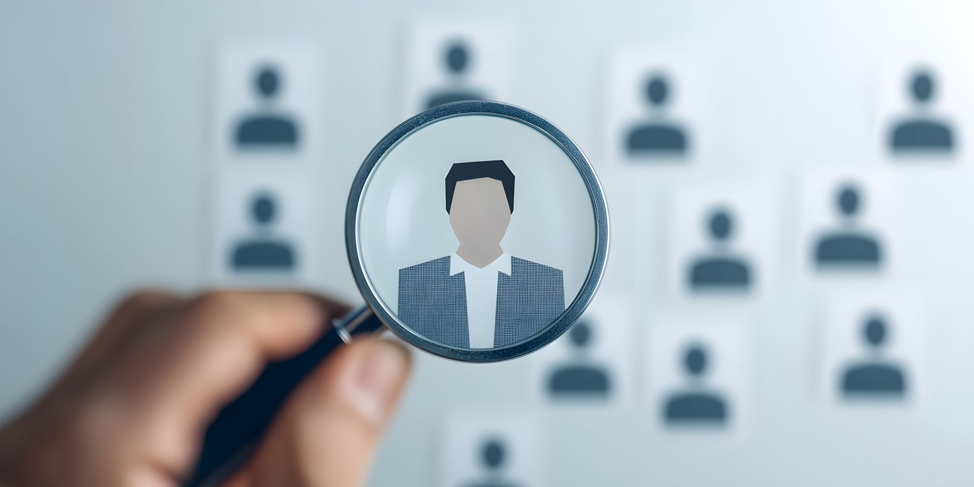 Magnifying glass focusing on an illustrated profile among blurred icons of other candidates.