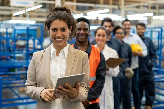 Woman with tablet leading diverse factory workers smiling.