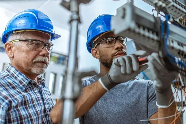 Two electricians in hard hats inspecting wiring, one using a screwdriver.
