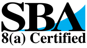 SBA 8(a) Certified logo with black text and a blue rising graph.