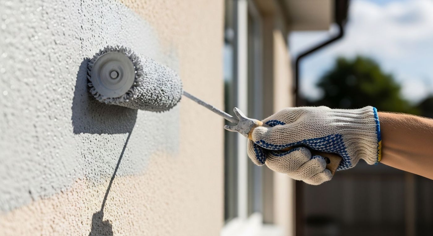 Person painting house exterior with roller and gloves on. Person painting house exterior with roller and gloves on.