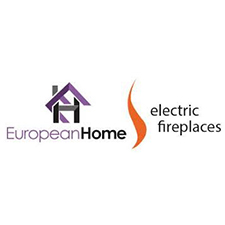 European Home Electric Fireplaces logo with purple house icon and orange flame accent