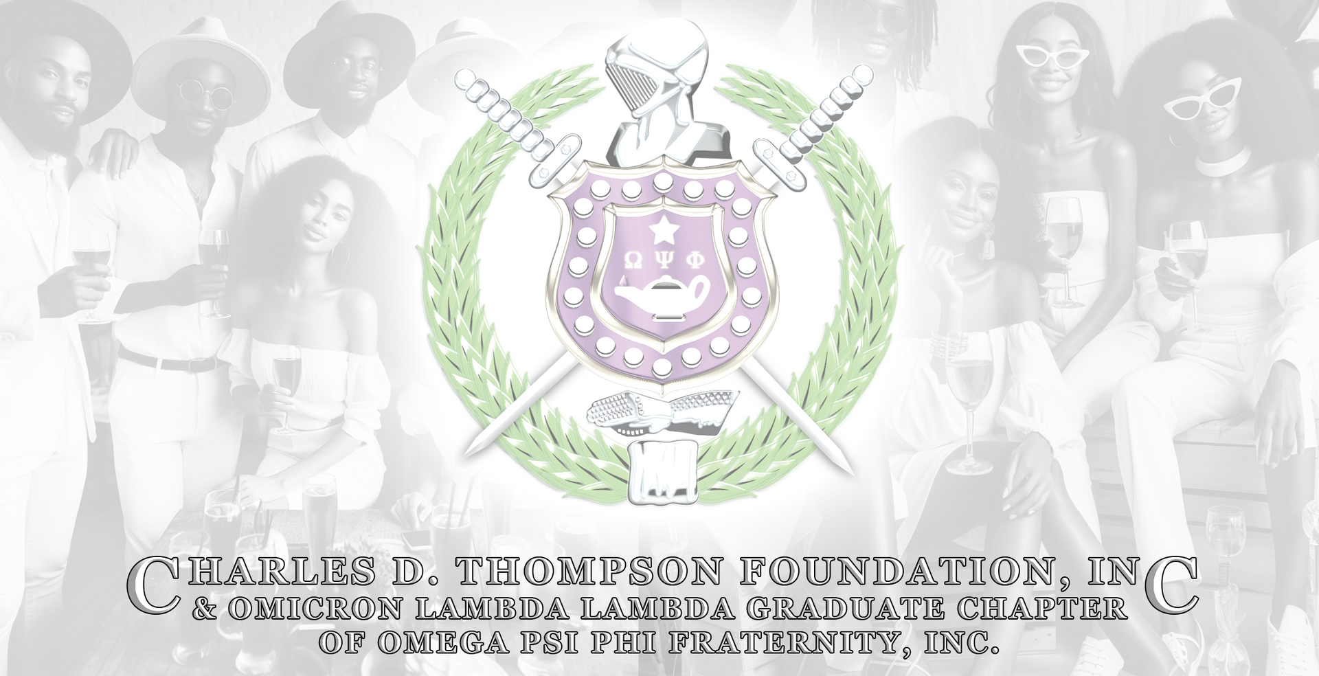 People posing around a crest with swords, surrounded by a green wreath. The crest is pink and purple.