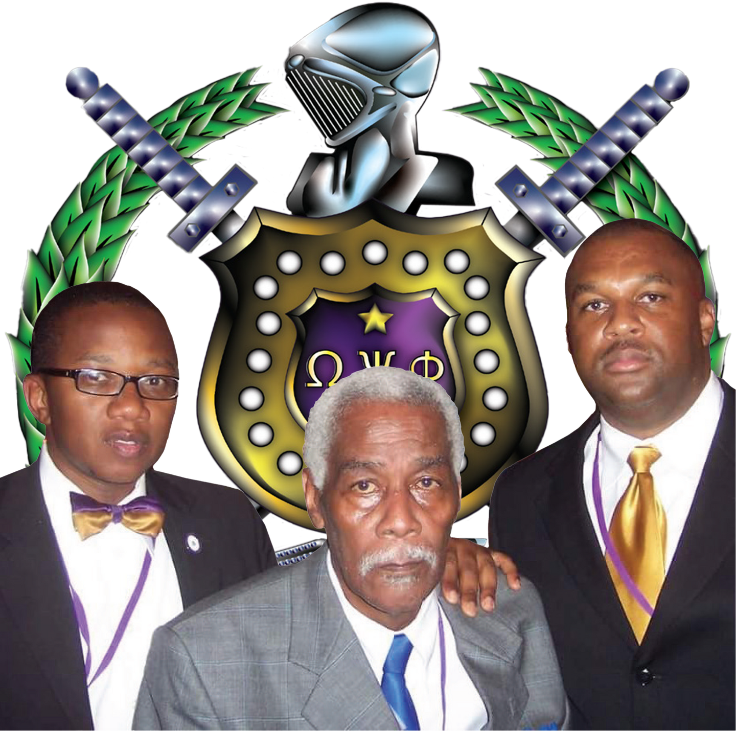 Three men posing in front of a fraternity crest; two in suits and ties, one older man.
