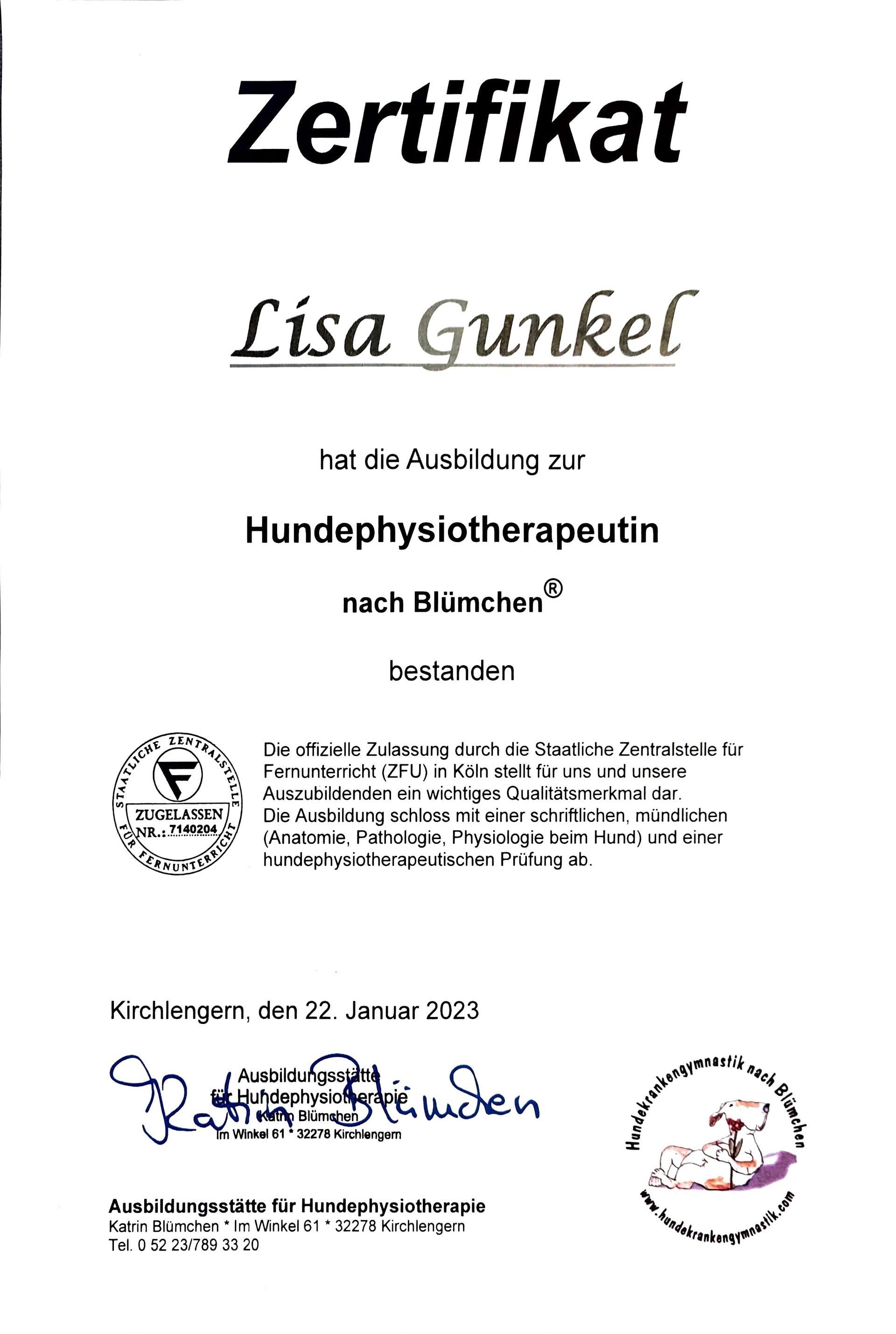 Zertifikat Hundephysiotherapie Lisa Gunkel