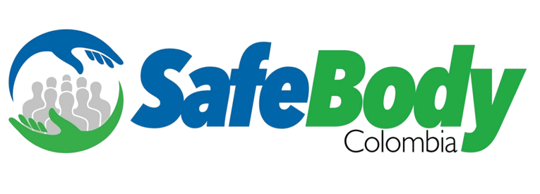 Logotipo de SafeBody Colombia: gráfico con forma de mano que protege figuras de palitos. Combinación de colores azul, verde y blanco.