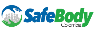 Logotipo de SafeBody Colombia: gráfico con forma de mano que protege figuras de palitos. Combinación de colores azul, verde y blanco.