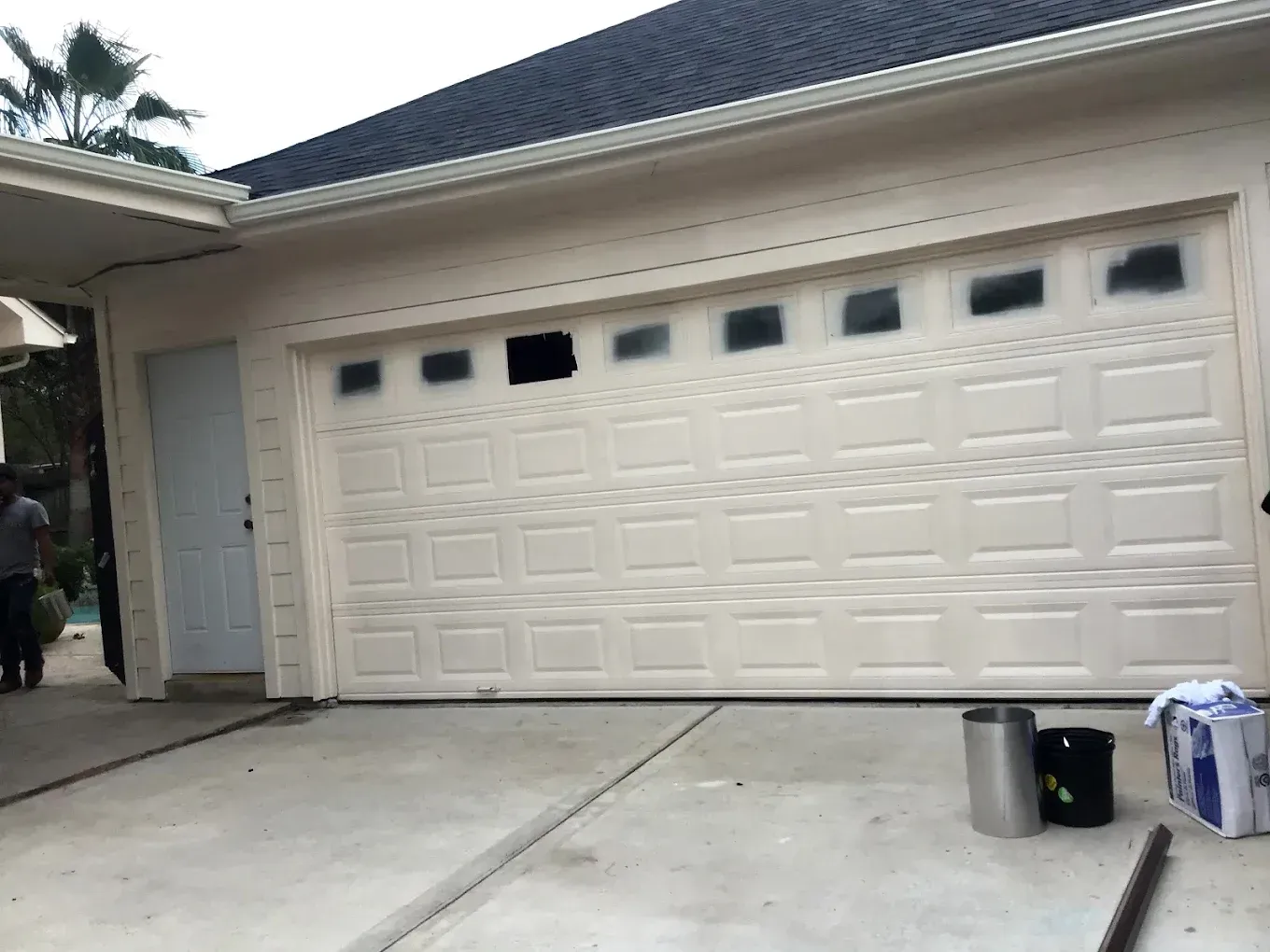 A white garage door with windows above and a matching side door next to it. A person stands to the left.