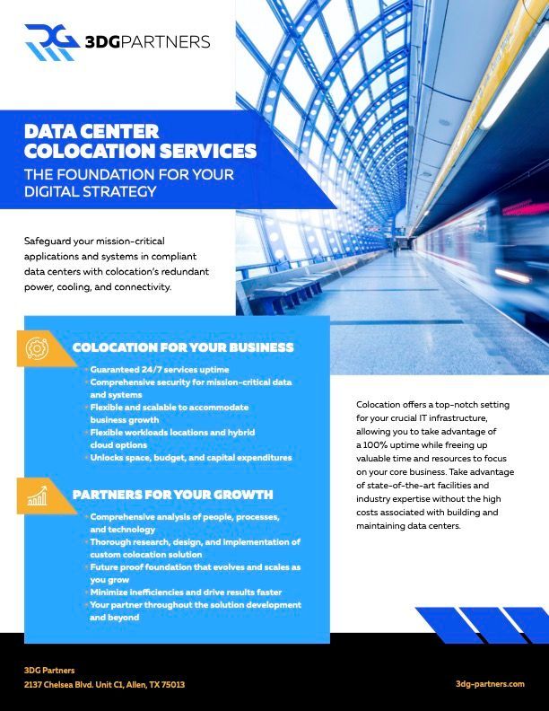 Brochure for 3DG Partners promoting data center colocation services. Blue and white color scheme with data center graphic.