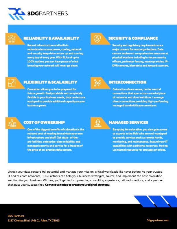 Infographic for 3DC Partners, highlighting data center services with icons and text on a blue background.