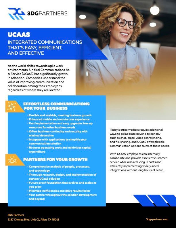 Flyer promoting UCaaS solutions. Includes a photo of a smiling businesswoman, key benefits, and partner information.