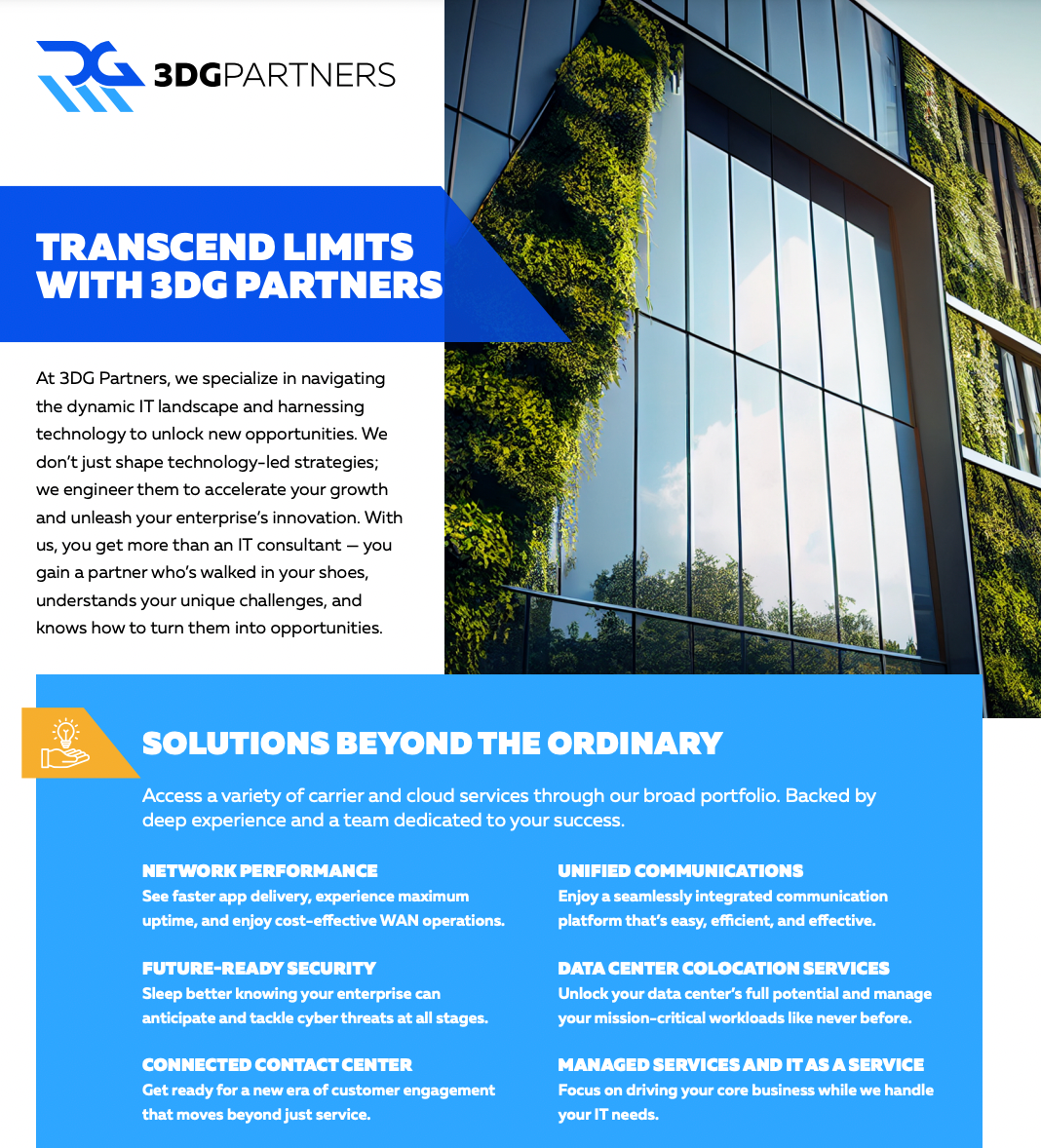 Advertisement for 3DG Partners with text on a blue background and image of a modern building with a green wall.