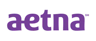 The aetna logo is purple and white on a white background.